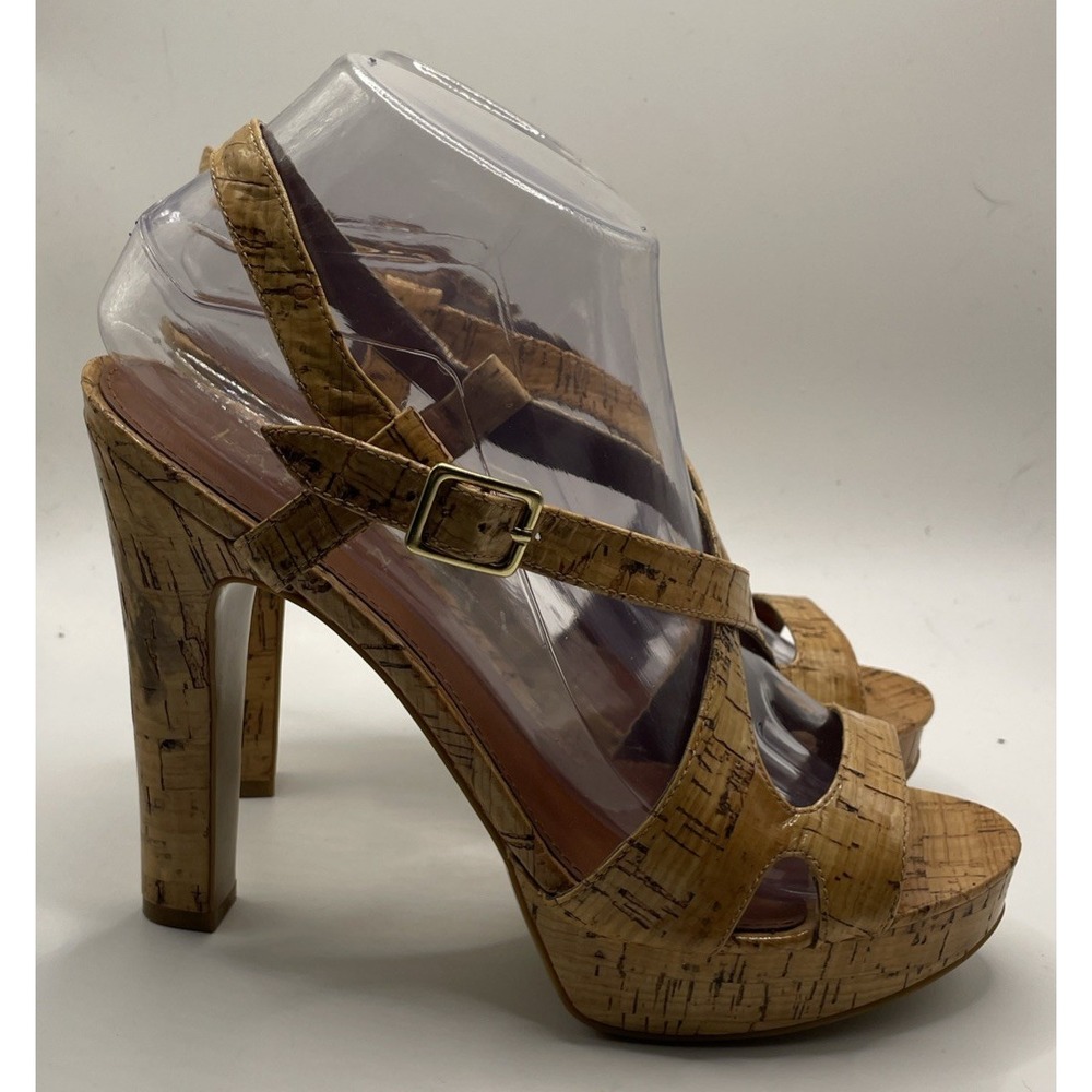 LAUREN by RALPH LAUREN WOMEN GLAZED CORK STILLETO HEELS LIGHT BROWN SHOES SANDAL